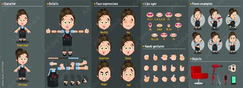 Cartoon hairdresser woman constructor for animation. Parts of body: legs, arms, face emotions ...