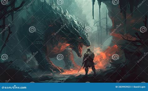 Knight Fighting a Dragon. Fantasy Concept , Illustration Painting Stock Illustration ...