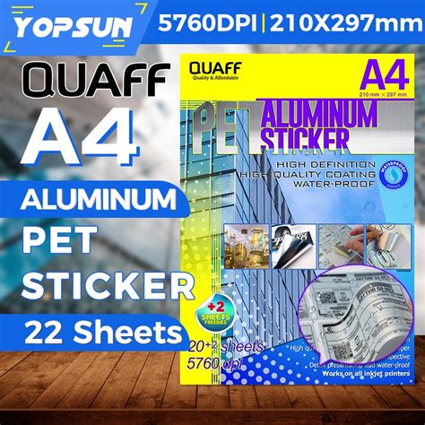 Waterproof Pet Aluminum Vinyl Sticker Paper A4 Inkjet Label Stickers 20sheet 180Gsm Quaff ...