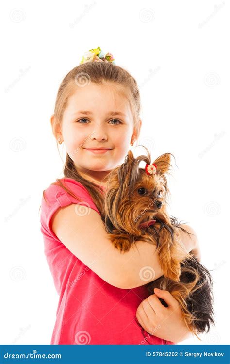 Close Portrait of Nice Girl Hug Little Pet Dog Stock Photo - Image of ...