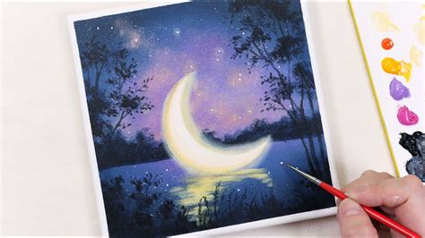 Floating Crescent Moon / Easy acrylic painting for beginners / PaintingTutorial - YouTube