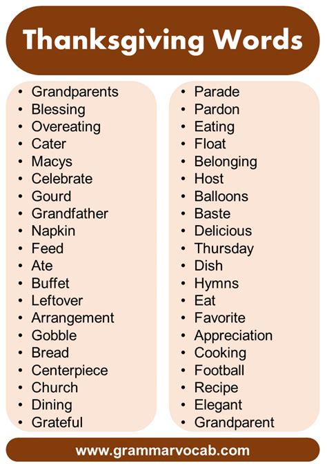 List of Thanksgiving Words - GrammarVocab