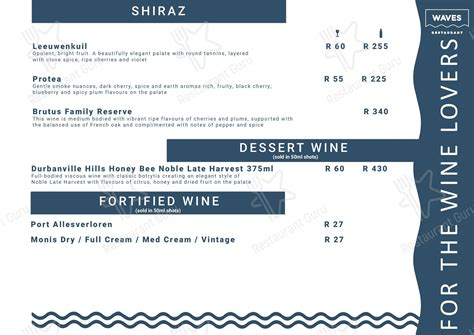 Menu at WAVES Restaurant, Cape Town