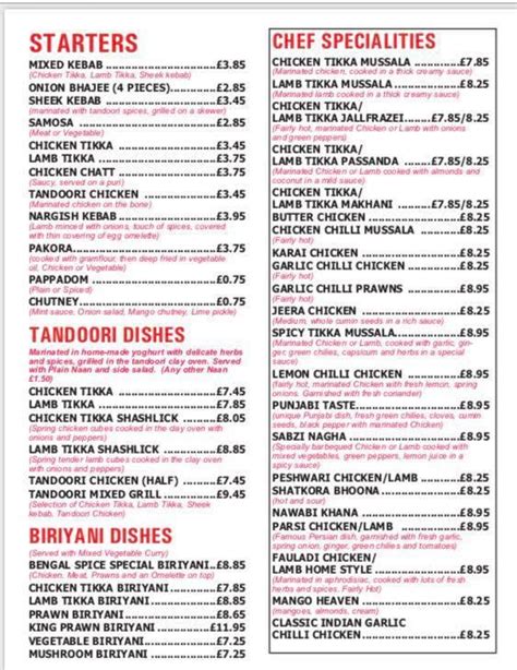 Menu at Bengal Spice restaurant, Paignton