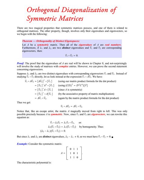 SOLUTION: Orthogonal Diagonalization of Symmetric Matrices & Exercises - Studypool