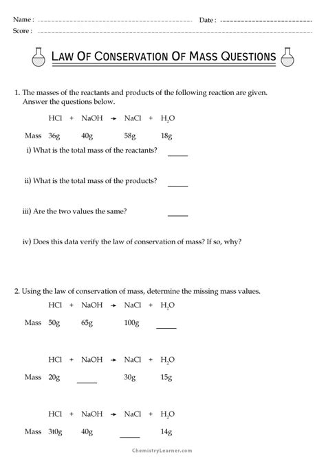 Free Printable Law of Conservation of Mass Worksheets