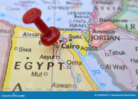 Red Push Pin Pointing Cairo On Location Of World Map Close-Up View Royalty-Free Stock Photo ...