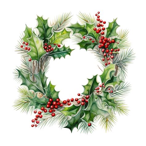 Beautiful Christmas Wreath With Fir Branches And Holly Leaves, Hand Drawn Illustration ...