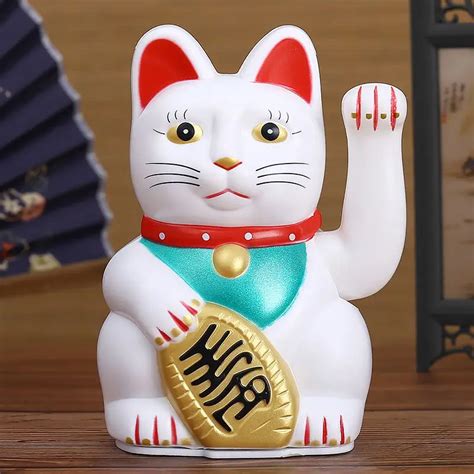 Chinese Feng Shui Beckoning Cat Wealth White Waving Fortune/Lucky Cat 6-Inch Height - Gold and ...