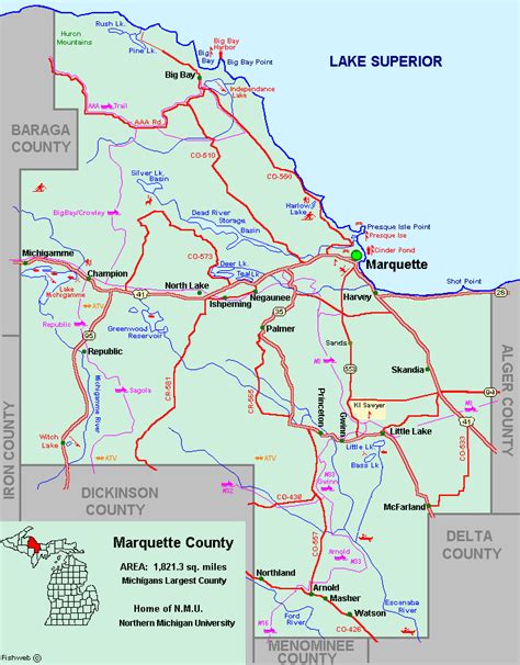 Marquette County Map Tour lakes snowmobile ATV river hike hotels motels ...