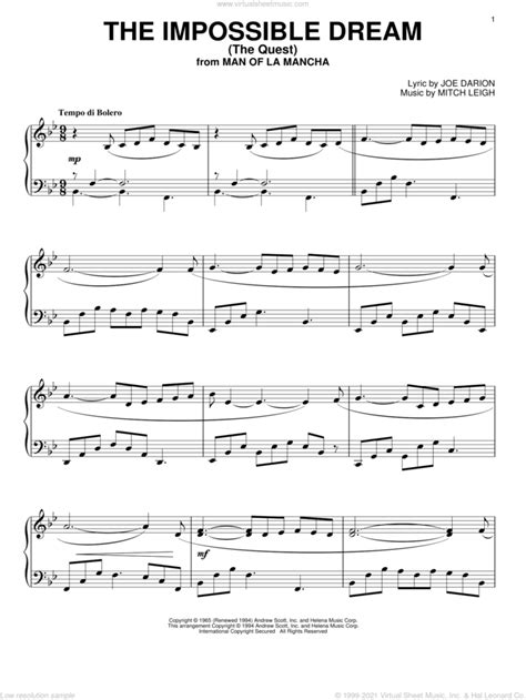 The Impossible Dream (The Quest) sheet music (intermediate) for piano solo