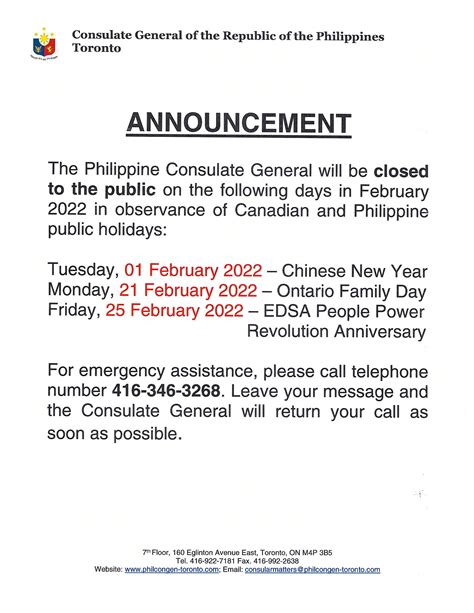 Announcements | The Philippine Consulate General - Toronto, Canada