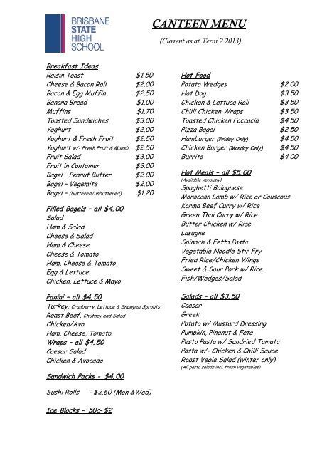 Canteen Menu and Price List - Brisbane State High School