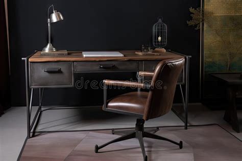 Industrial Desk with Metal Legs and Leather Top Stock Illustration ...