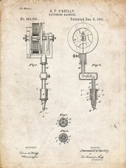 'PP814-Vintage Parchment First Tattoo Machine Patent Poster' Giclee ...