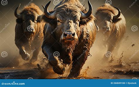 Large Water Buffalo Running through Muddy Water in African Landscape ...