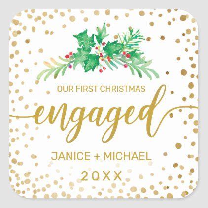 First Christmas Engaged Watercolor Holly Monogram Square Sticker | Holly monogram, First ...