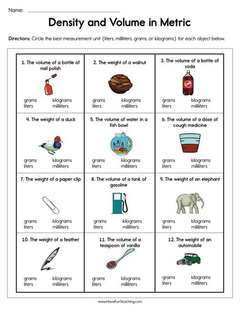 Density and Volume in Metric Worksheet by Teach Simple