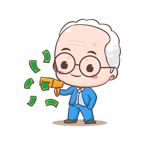 Cute Rich old man cartoon character. Grandpa holding money gun. Business and finance concept ...