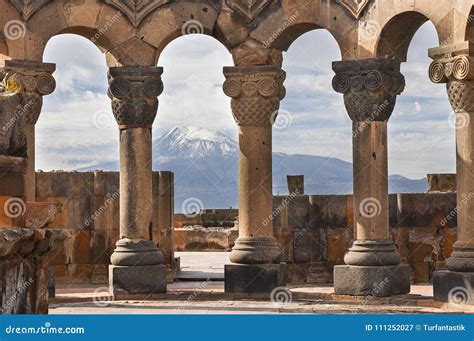 Ruins of the Temple of Zvartnots and the Mount Ararat in the Background, in Yerevan, Armenia ...