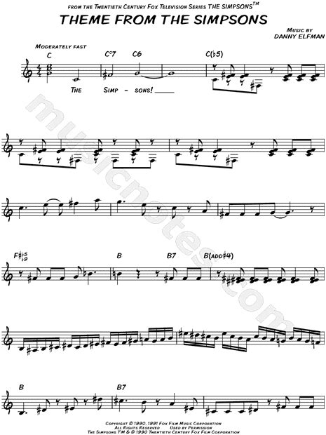 "Theme from the Simpsons" from 'The Simpsons' Sheet Music (Leadsheet) (Flute, Violin, Oboe or ...