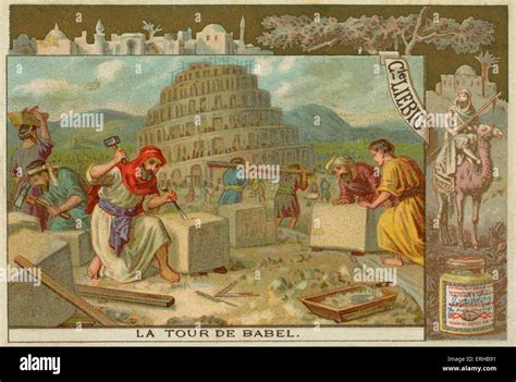 The construction of the Tower of Babel, Shinar. Liebig card, Bible Scenes, 1896 Stock Photo - Alamy