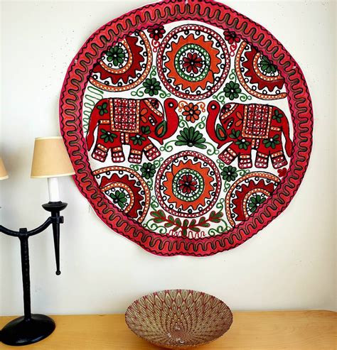 Handmade embroidered elephant wall hanging tapestry, India wall art, boho home decor, elephant ...