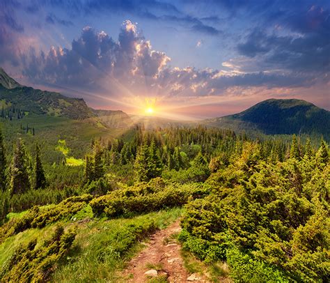 Wallpaper Rays of light Nature mountain forest Scenery sunrise and