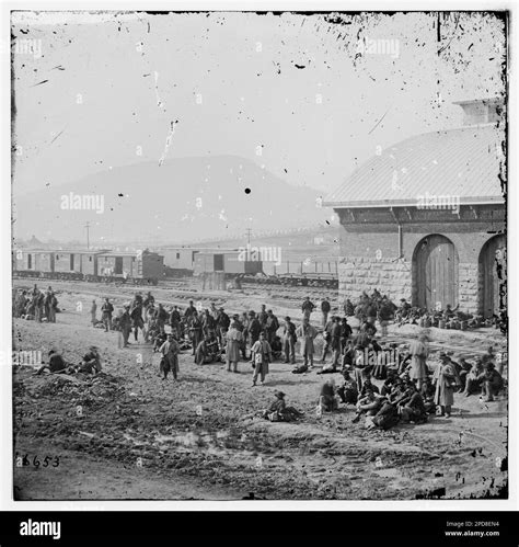 Chattanooga, Tennessee. Confederate prisoners at railroad depot. Civil ...