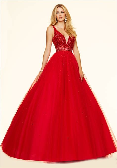 Ball Gown Deep V Neck Red Tulle Beaded Prom Dress