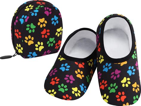 Snoozies Slippers for Women - Multi Dog Paws Skinnies & Travel Pouch Womens Slippers - House ...