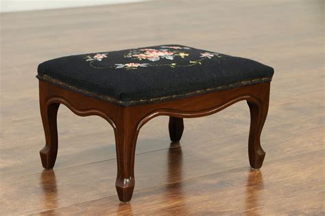 SOLD - Walnut Carved Antique Footstool, Needlepoint Upholstery #30548 - Harp Gallery Antiques ...