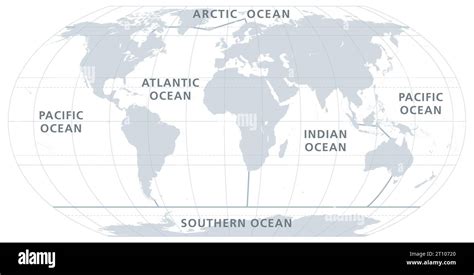 The five oceans of the world, gray map. Model of oceanic divisions with approximate boundaries ...