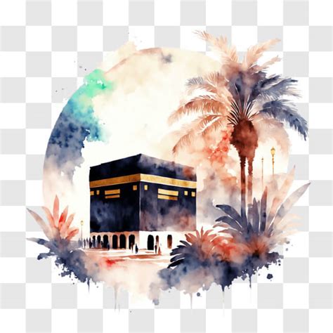 Download Kaaba Watercolor Painting in Mecca with Palm Trees and Clouds ...