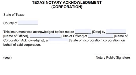 Free Texas Notary Acknowledgement – Corporation - PDF - Word