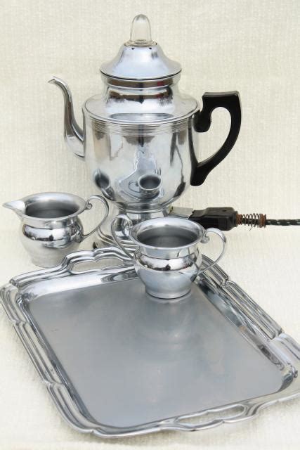 vintage Farberware deco chrome coffee set, electric percolator pot, cream & sugar, serving tray