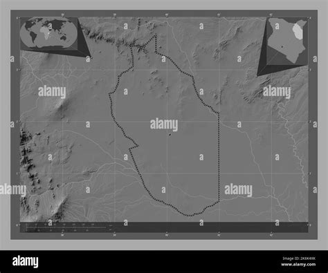 Wajir, county of Kenya. Bilevel elevation map with lakes and rivers. Corner auxiliary location ...