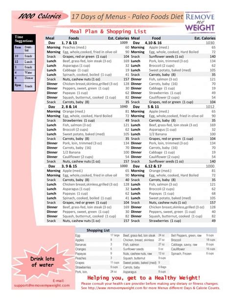 1000 Calories 17 Day Paleo Diet with Shopping List - Printable - Menu ...