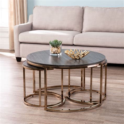 Ember Interiors Lokyle Metal and Wood Round Nesting Coffee Table, 3-Piece Set, Espresso ...