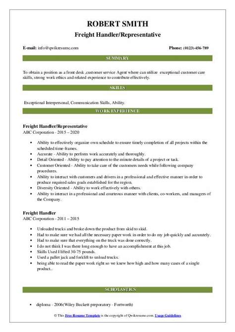 Freight Handler Resume Samples | QwikResume