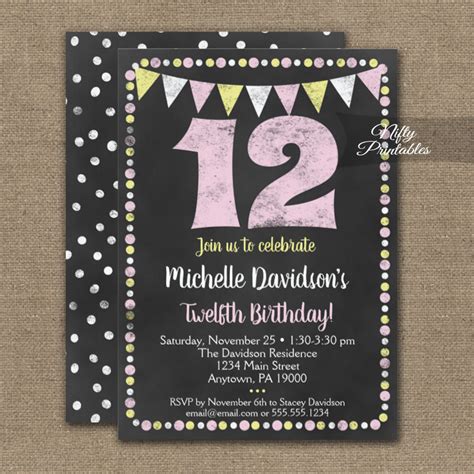 12th Birthday Invitations Pink Yellow Chalkboard - Nifty Printables