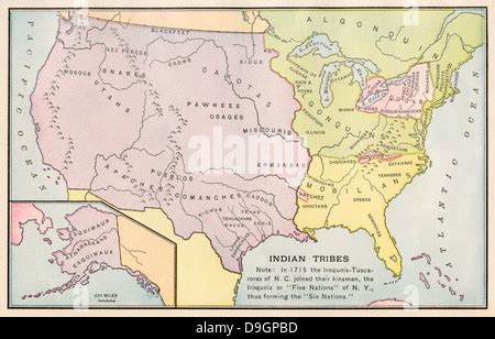 Map of Native American locations, circa 1700. Color lithograph Stock ...