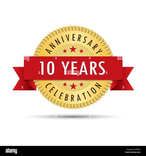 Ten years anniversary, tenth anniversary celebration gold badge icon logo vector graphic design ...