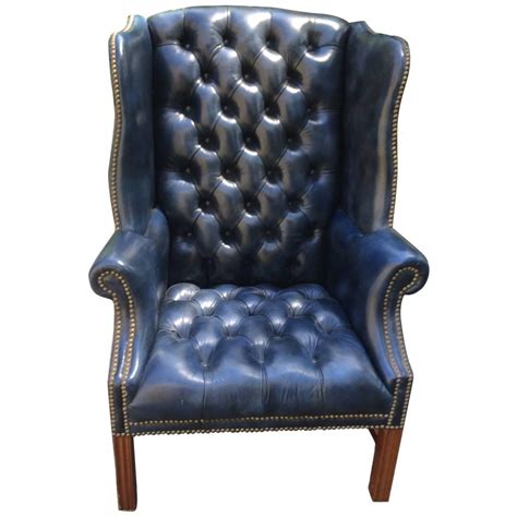 Fabulous Navy Blue Leather Tufted Wing Chair For Sale at 1stdibs