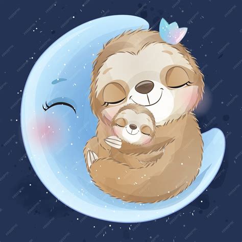 Premium Vector | Cute sloth mother and baby sleeping in the moon