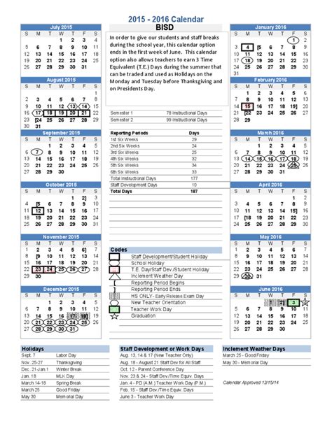 2016 Calendar - Brownsville Independent School District - Edit, Fill ...