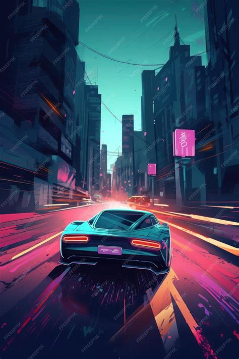 Premium AI Image | A digital painting of a car driving on a city street.