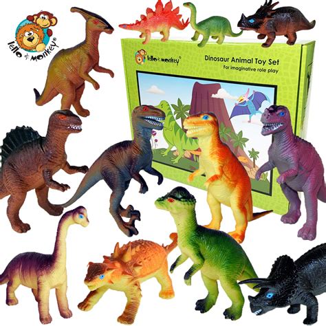 Lello & Monkey Dinosaur toys set of 6 plastic dinosaurs – Large 7 inch dinosaur figures labelled ...