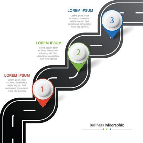 Vector road infographic with pin pointer. Timeline template with 3 markers on a curved road line ...