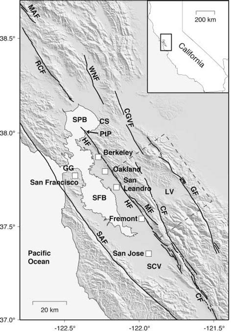 Map of the San Francisco Bay area, California. CF, Calaveras fault ...